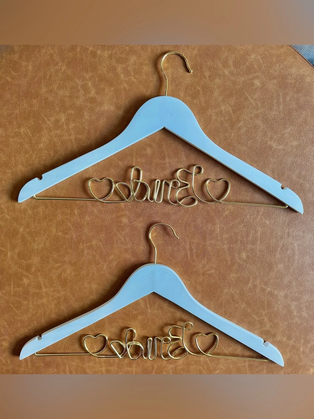Set of 2 Bride Wedding Dress Hangers White Wood Gold Wire Hearts